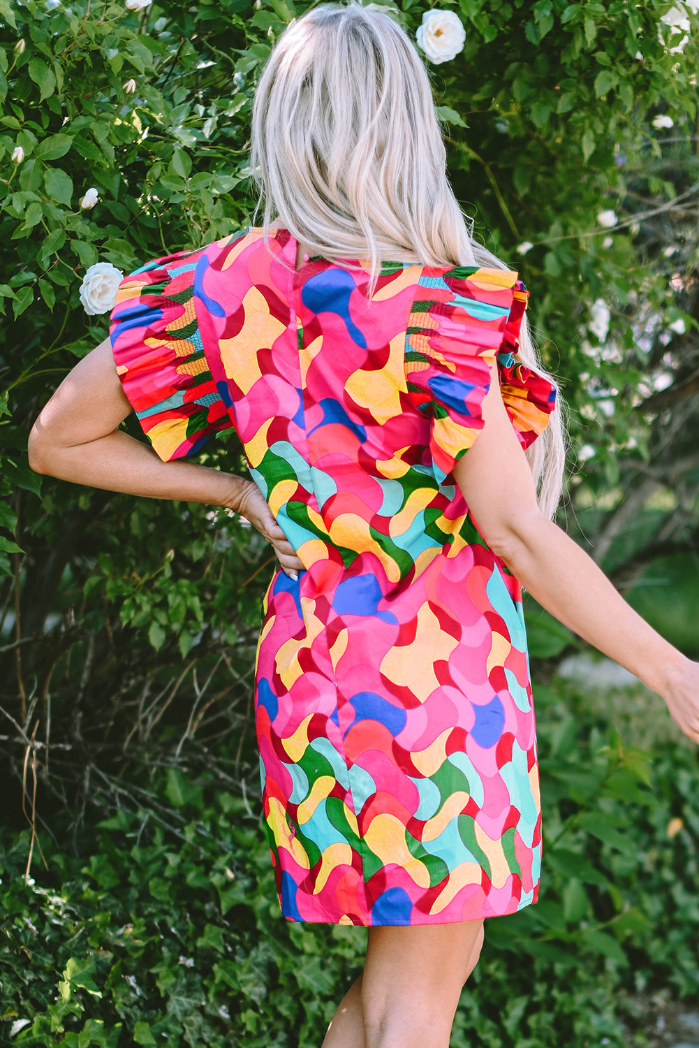 Rose Red Abstract Print Ruffle Sleeve Shift Dress