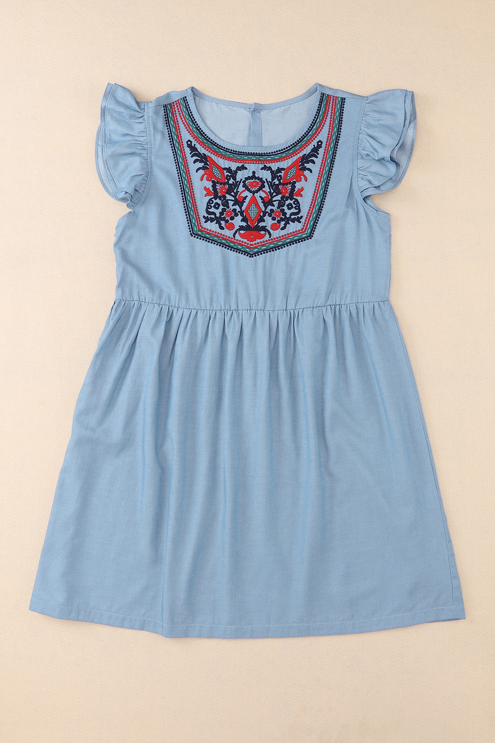 Sky Blue Floral Embroidered Ruffled Sleeve Mini Dress