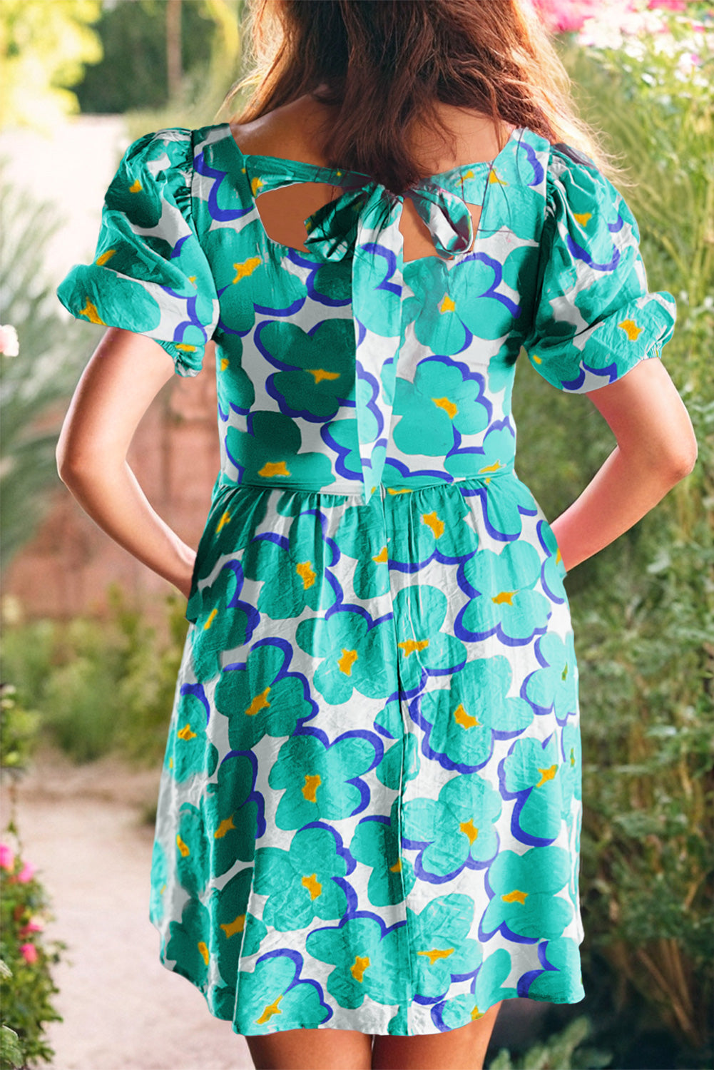 Green Floral Print Square Neck Empire Waist Flowy Dress