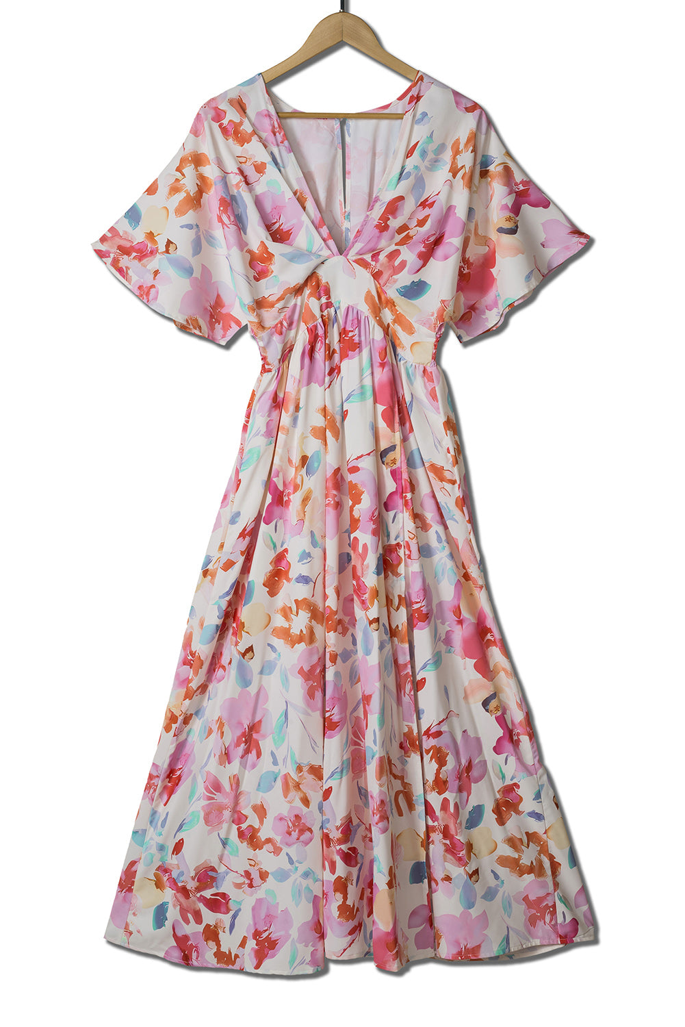 Multicolor Tropical Floral Print Ruched V Neck Maxi Dress