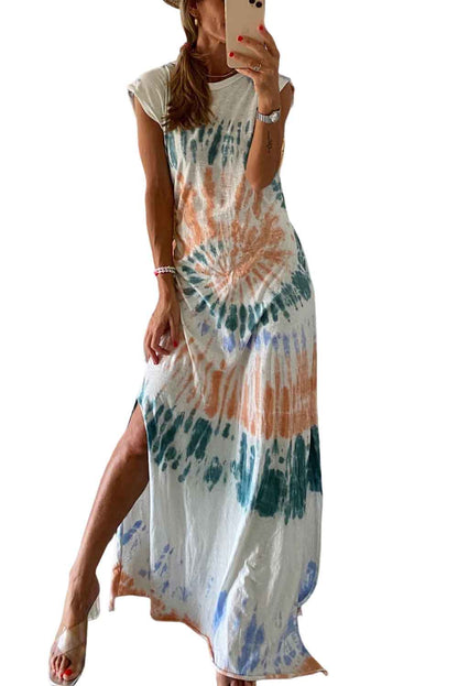 White Cap Sleeve Tie Dye Long Slit Dress