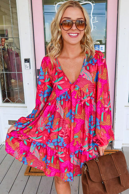 Rose Floral Print V Neck Bubble Sleeve Ruffled Mini Dress