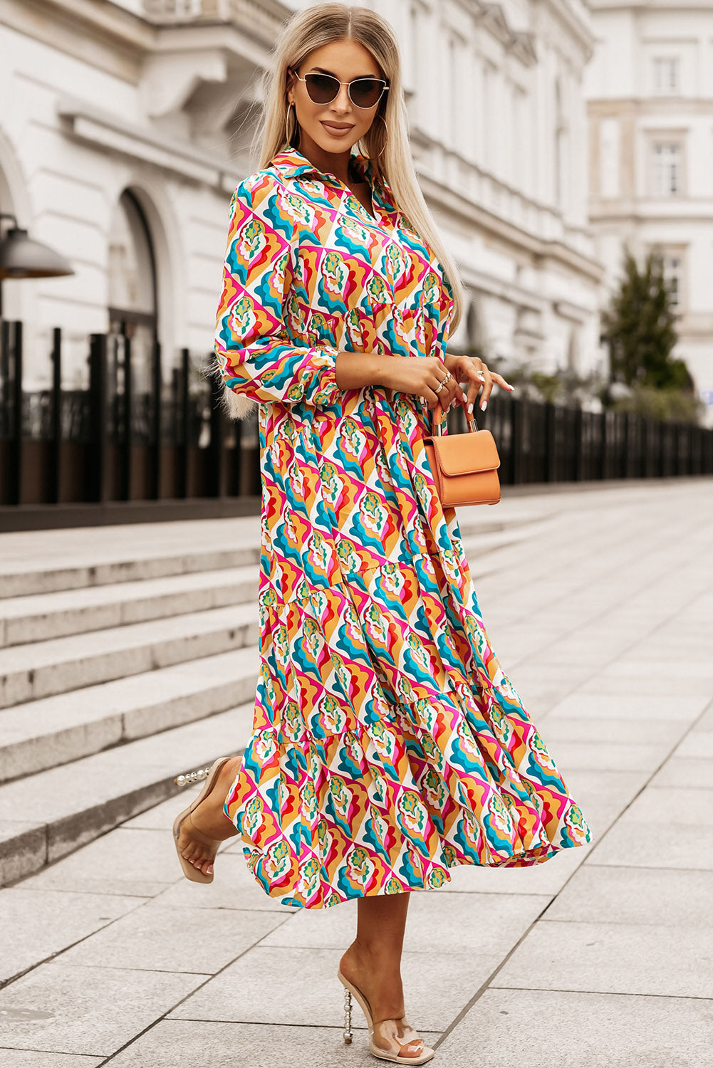 Multicolor Abstract Geometric Print Long Sleeve High Waist Dress