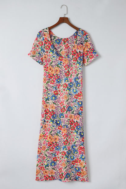 Multicolor Long Floral Print Short Sleeve Holiday Dress