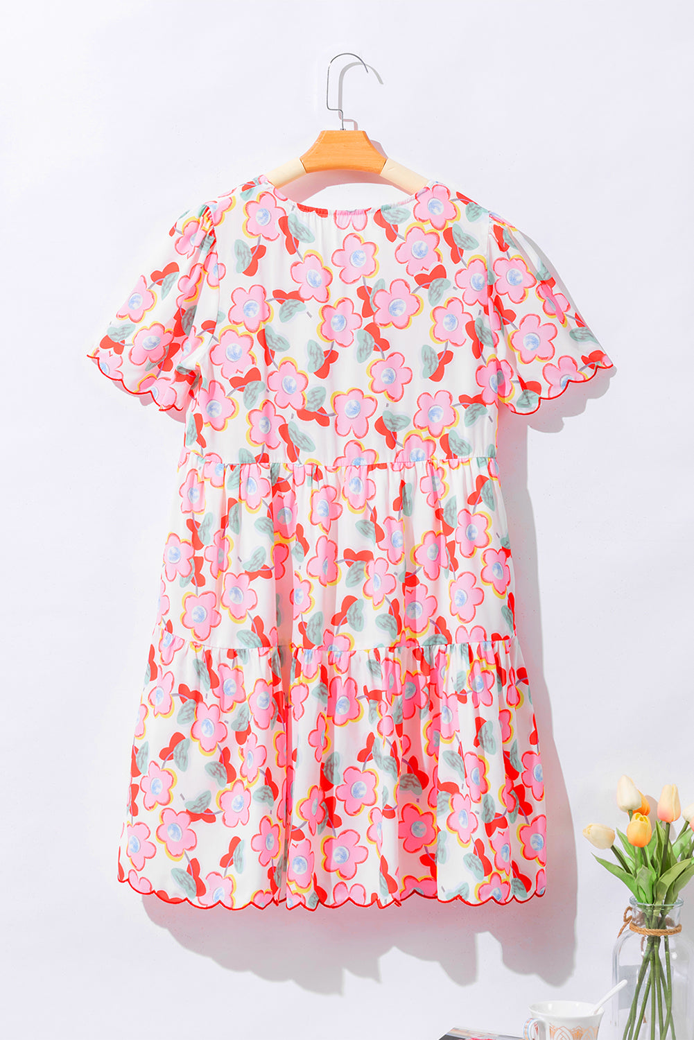 Multicolour Flower Print Scalloped Short Sleeve Ruffled Dress