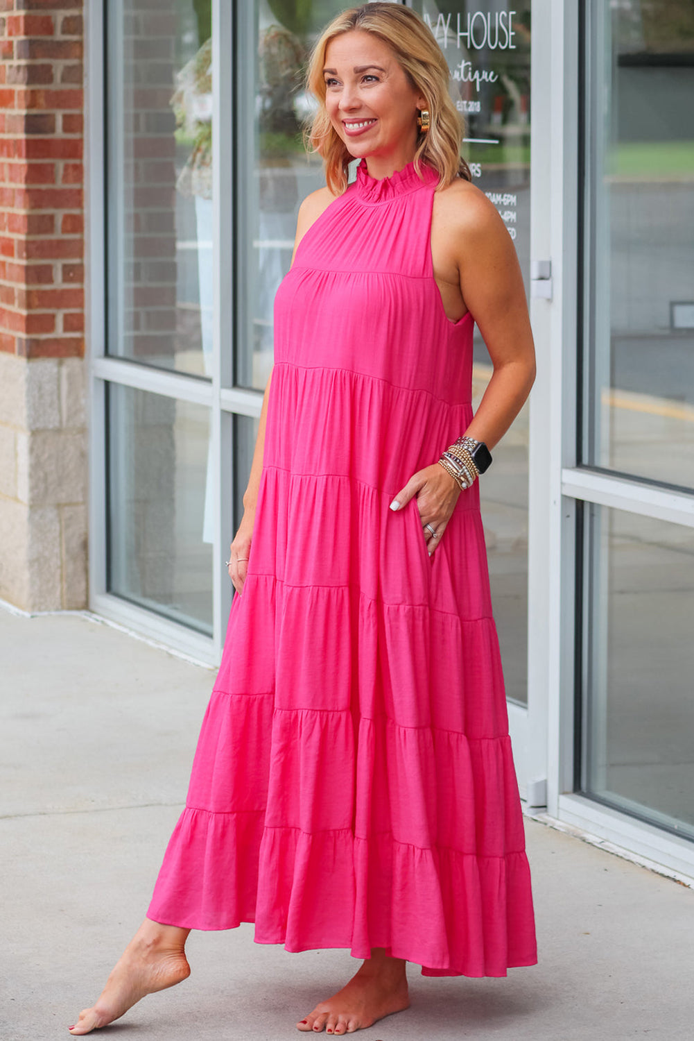 Rose Red High Frilled Neck Tiered Sleeveless Maxi Dress