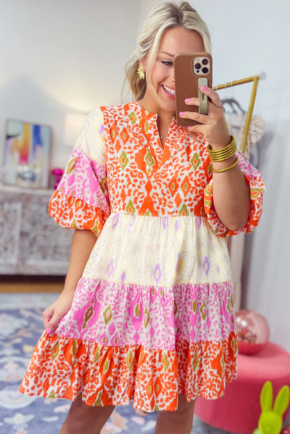 Multicolour Boho Mixed Print Half Bubble Sleeve Tiered Dress