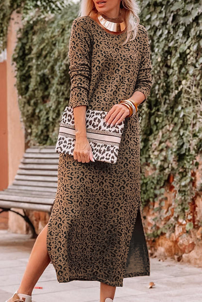 Leopard Round Neck Long Sleeve Split Dress