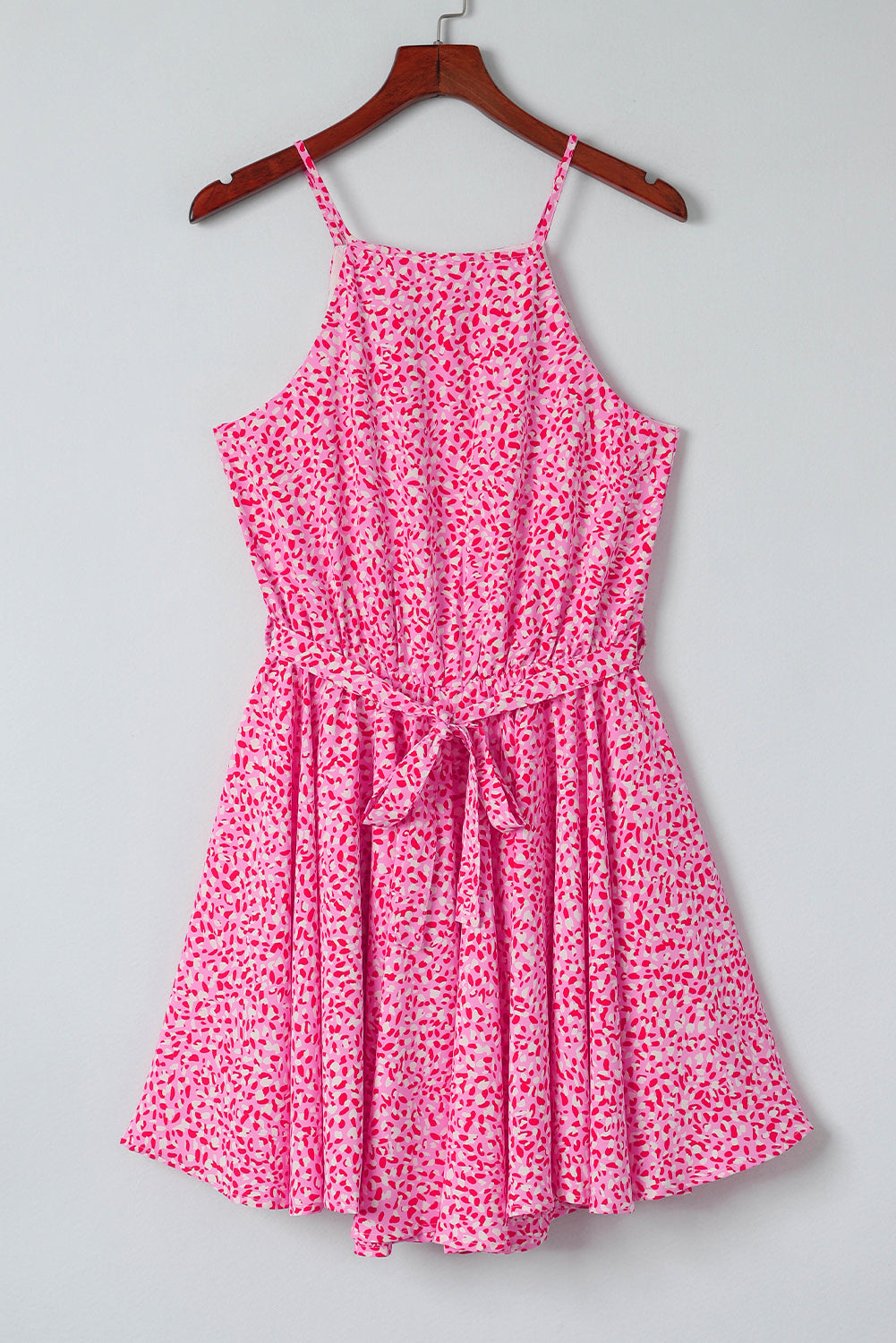 Pink Leopard Print Sleeveless Mini Dress with Waist Tie