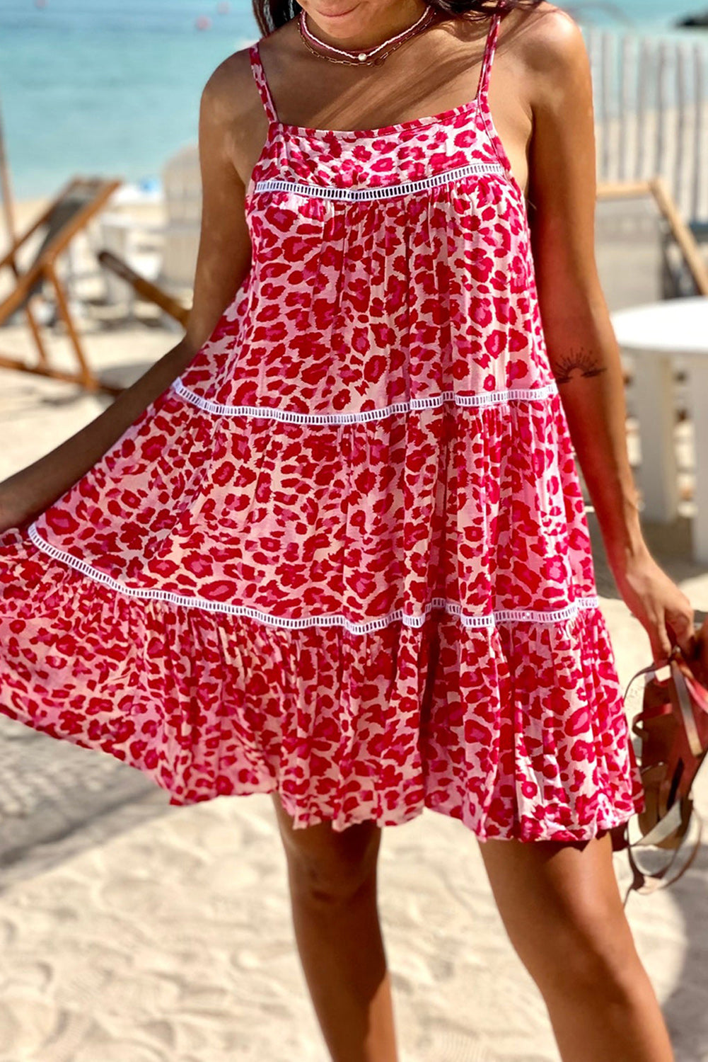 Rose Leopard Print Lace Trim Flared Sundress