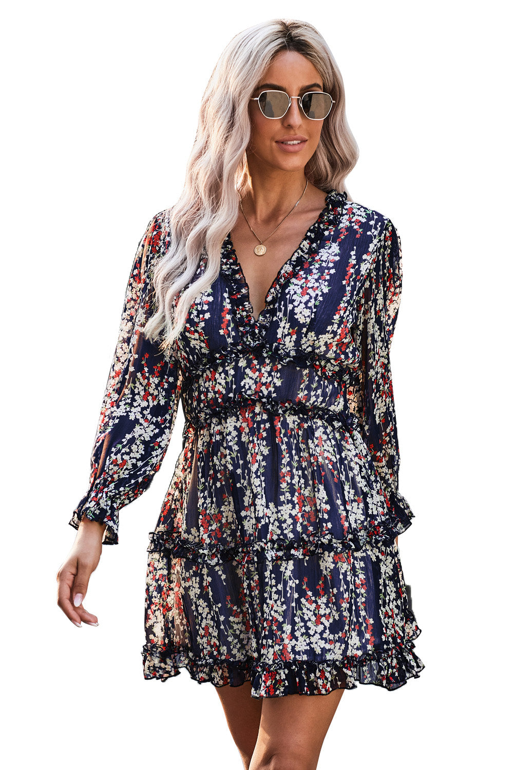 Blue Ruffle Detailing Open Back Floral Dress