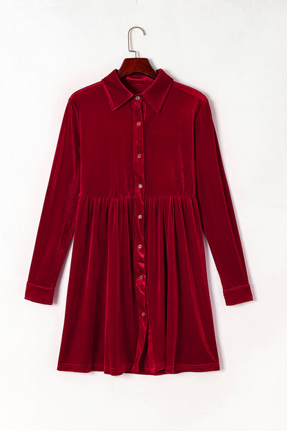 Fiery Red Long Sleeve Ruffle Velvet Button Up Dress