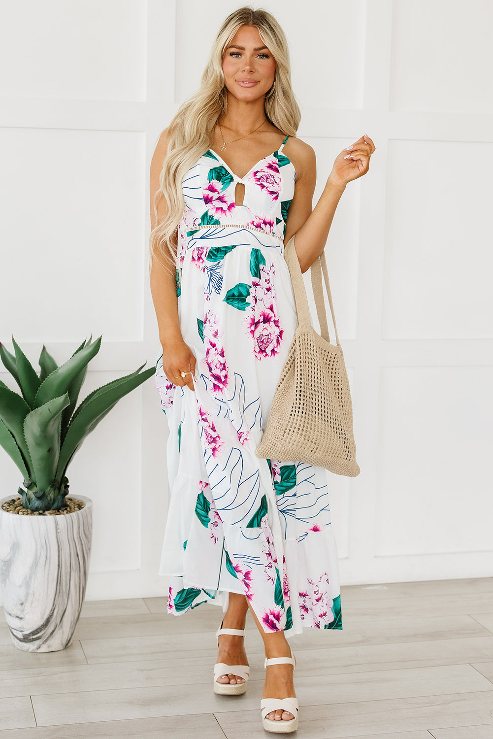 White Floral Twist Cutout Adjustable Straps Maxi Dress