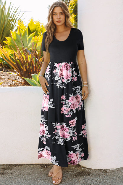 Black Contrast Floral Empire Waist Maxi Dress