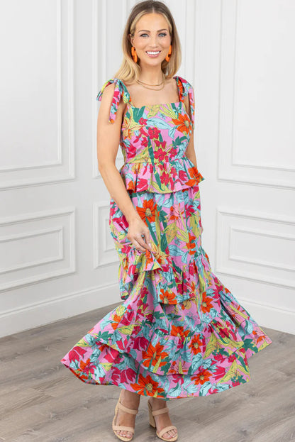 Multicolour Floral Print Shirred Backless Tiered Ruffled Maxi Dress