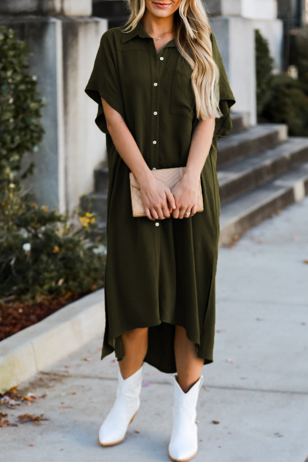 Jungle Green Loose High Low Side Slits Short Sleeve Shirt Dress