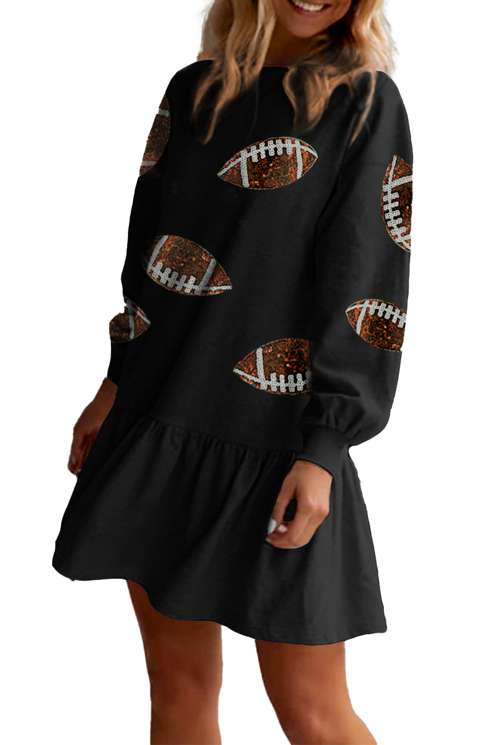 Black Game Day Sequin Rugby Football Pattern Ruffled Short Dress