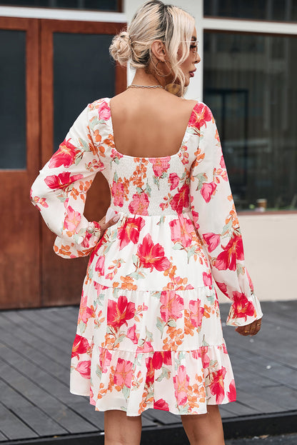 Fiery Red Smocked Tiered Floral Dress