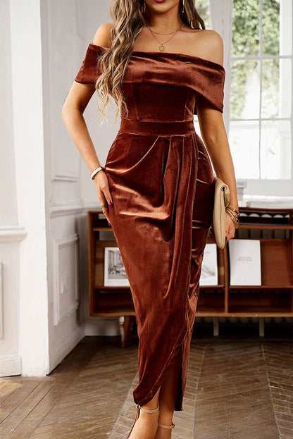 Chestnut Velvet Off Shoulder Pleated Wrap Evening Dress