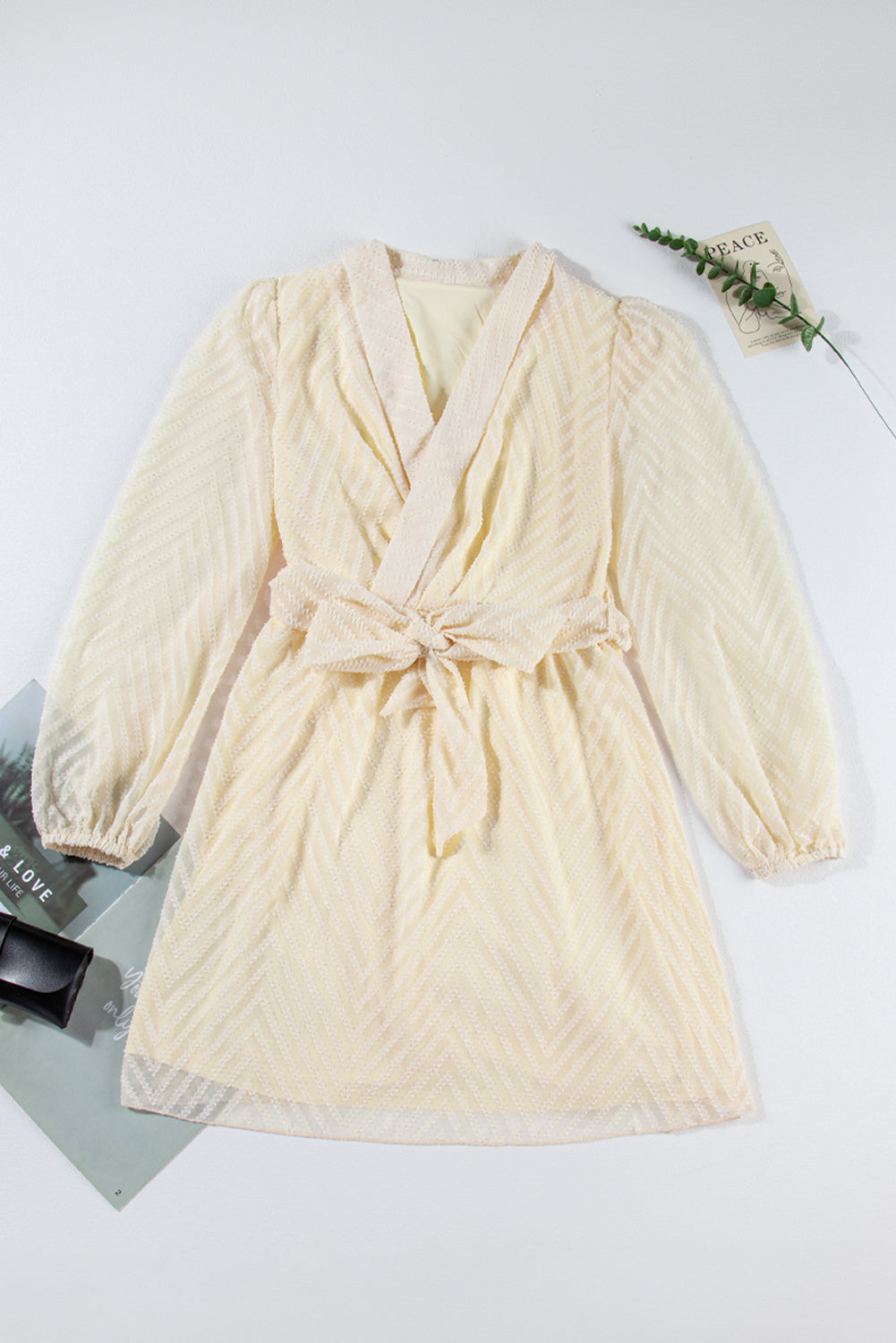 Apricot V Striped Sheer Puff Sleeve Surplice Knot Mini Dress