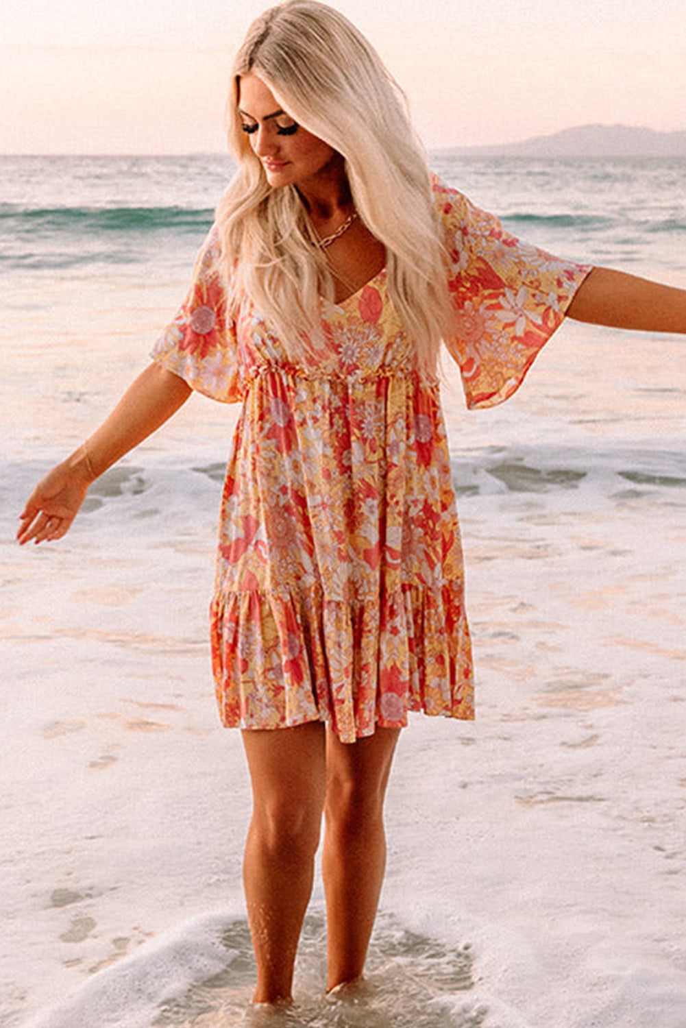 Orange Wide Flutter Sleeve Floral Dress