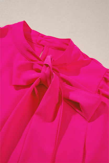 Bright Pink Solid Color Ribbon Tie Neck Ruffled Mini Dress