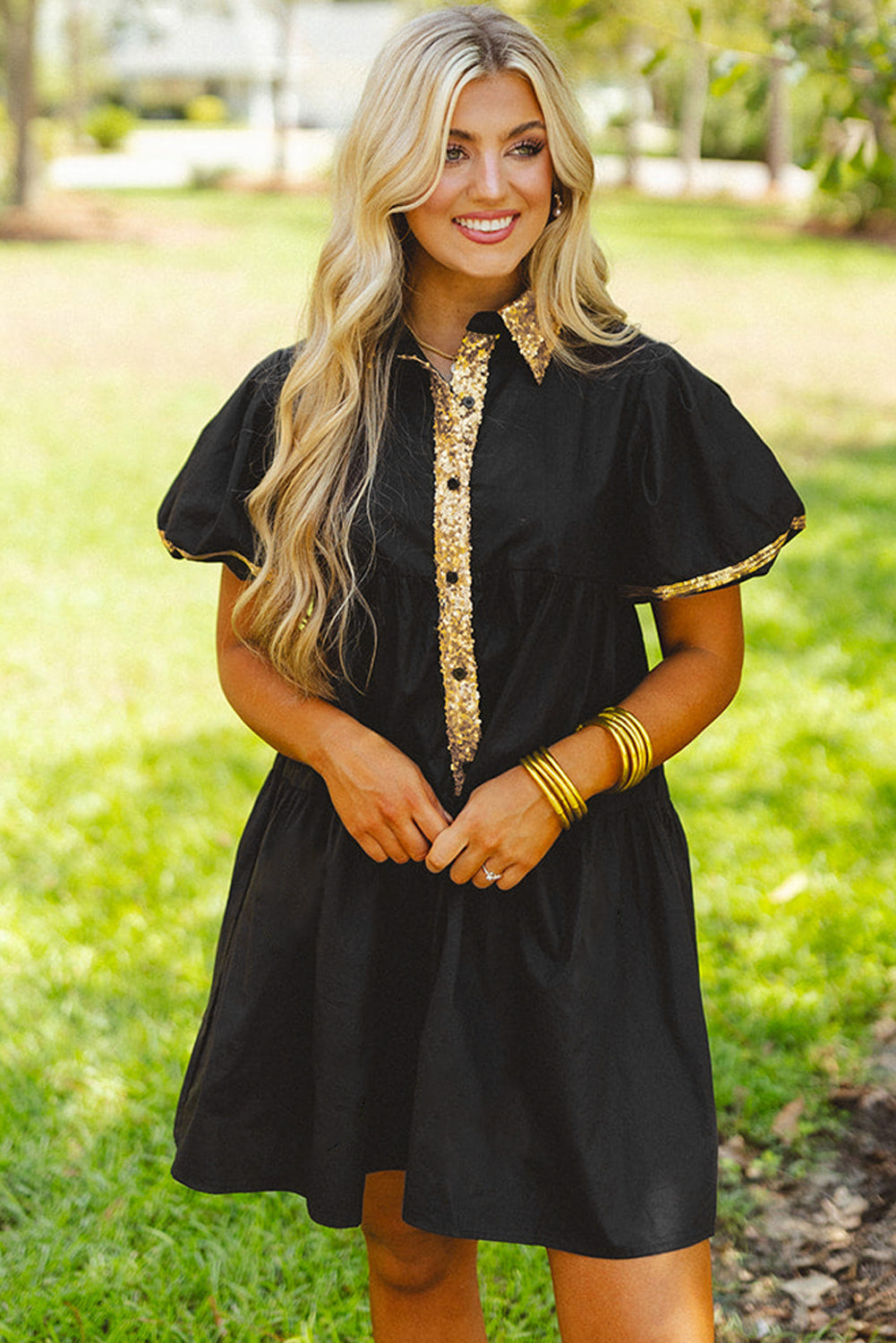 Black Sequin Trim Bubble Sleeve Game Day Shirt Dress