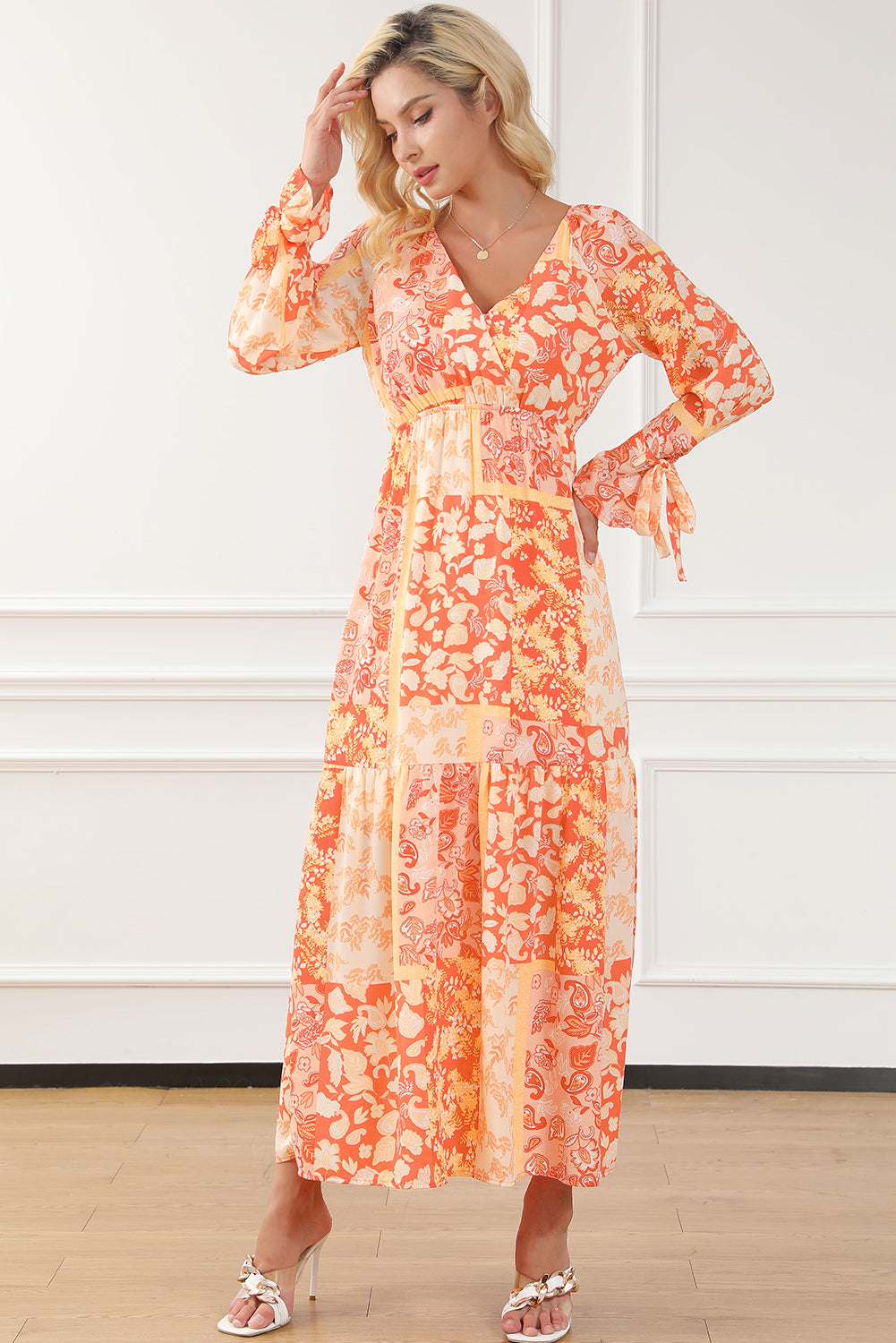 Orange Boho Floral Wrap V Neck Tie Long Sleeve Dress