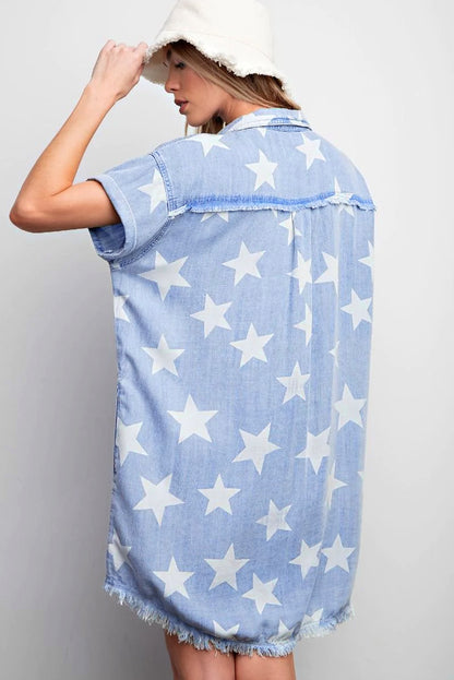 Sky Blue Stars Frayed Hem Collared Short Sleeve Denim Dress