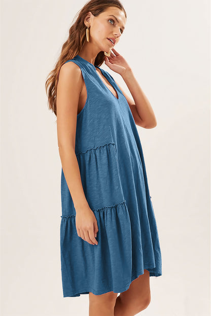 Sail Blue Split V Neck Tiered Flowy Sleeveless Dress