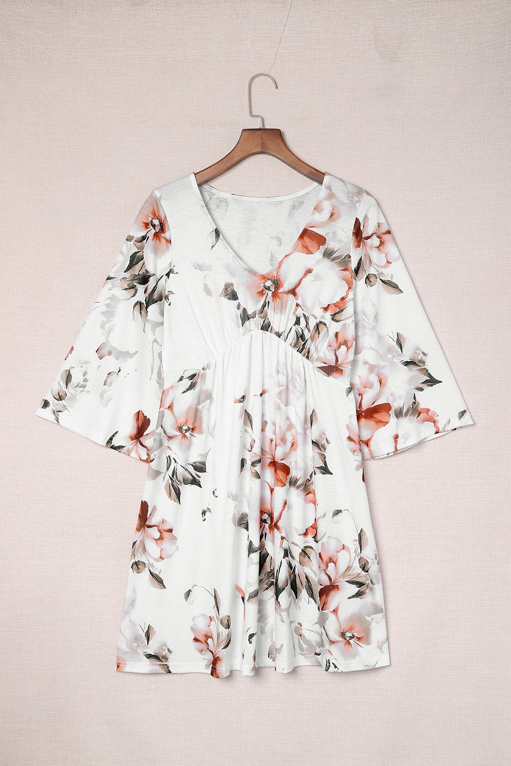 White V Neck 3/4 Sleeve Floral Dress