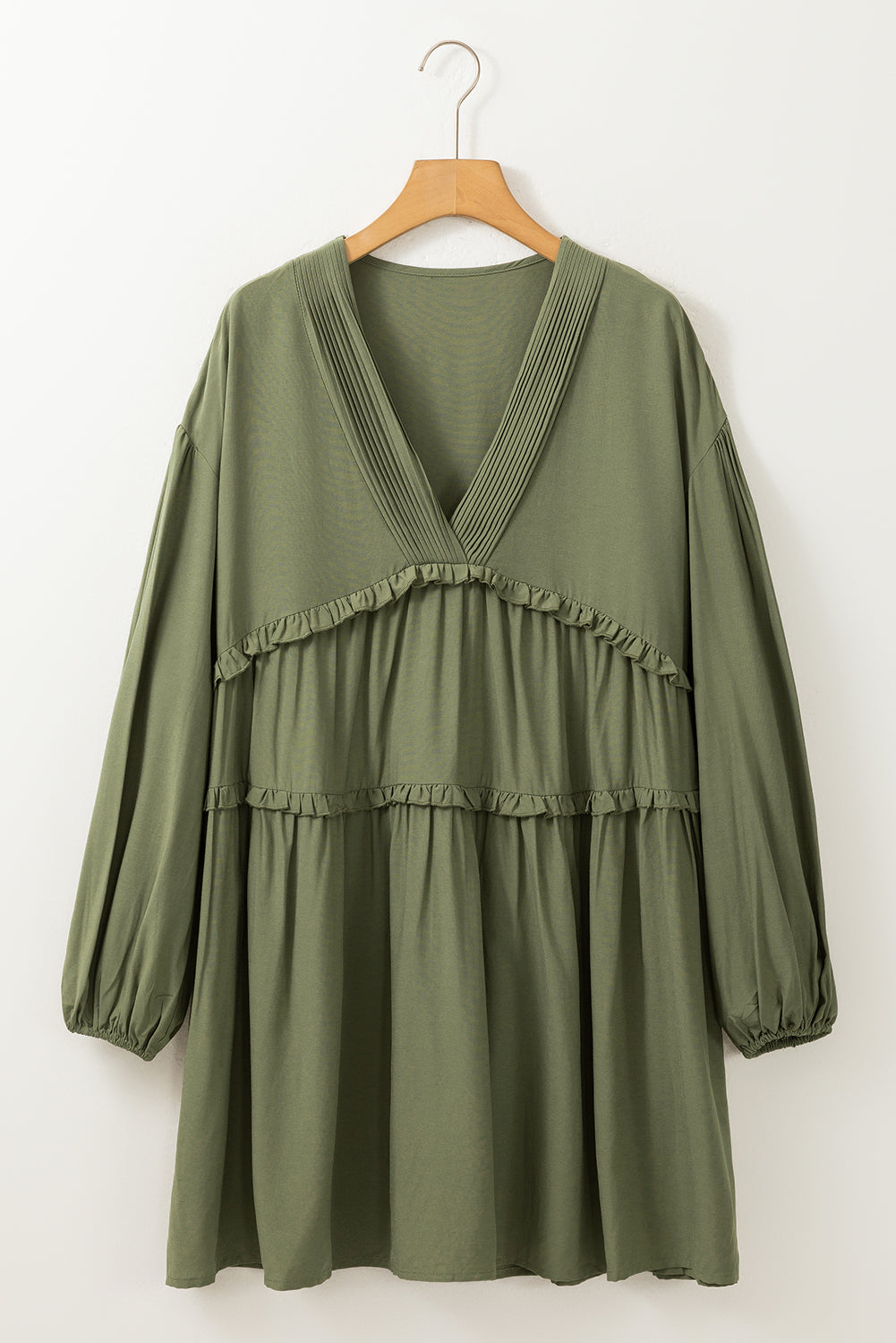 Green V Neck Puff Sleeve Frill Tiered Mini Dress