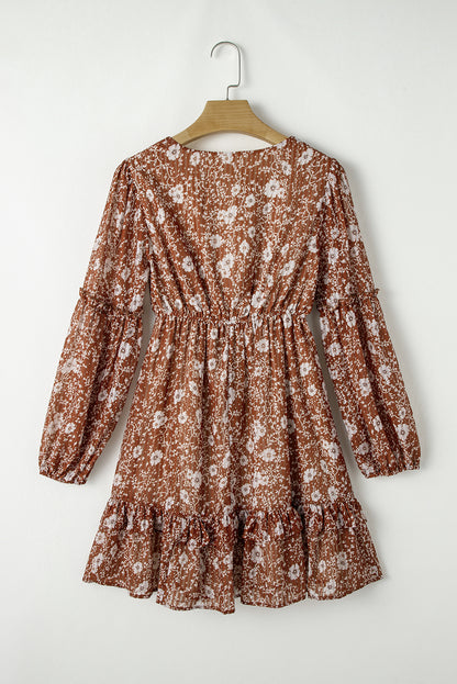 Brown Boho Floral Ruffled Puff Sleeve V Neck Mini Dress