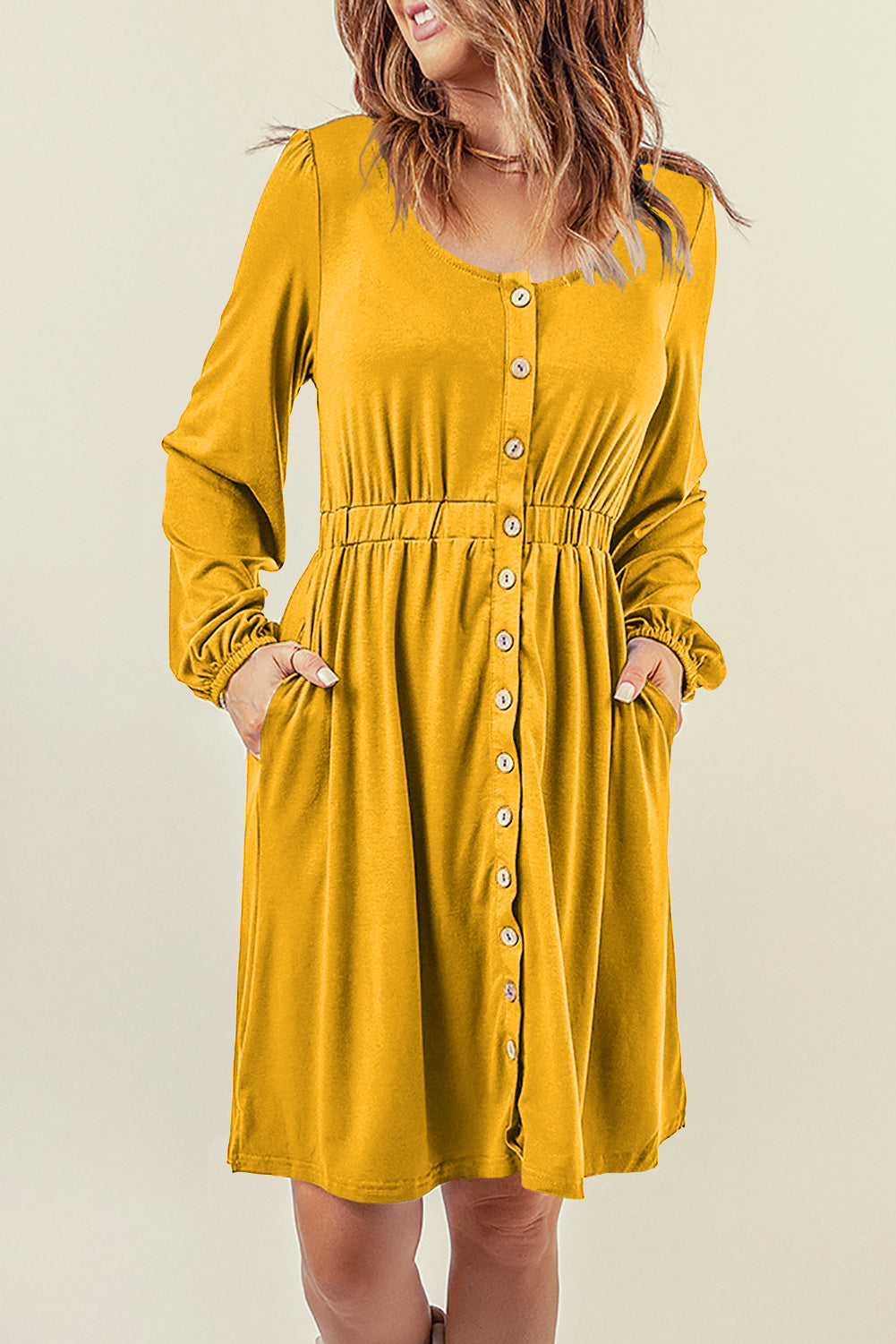 Yellow Button Up High Waist Long Sleeve Dress