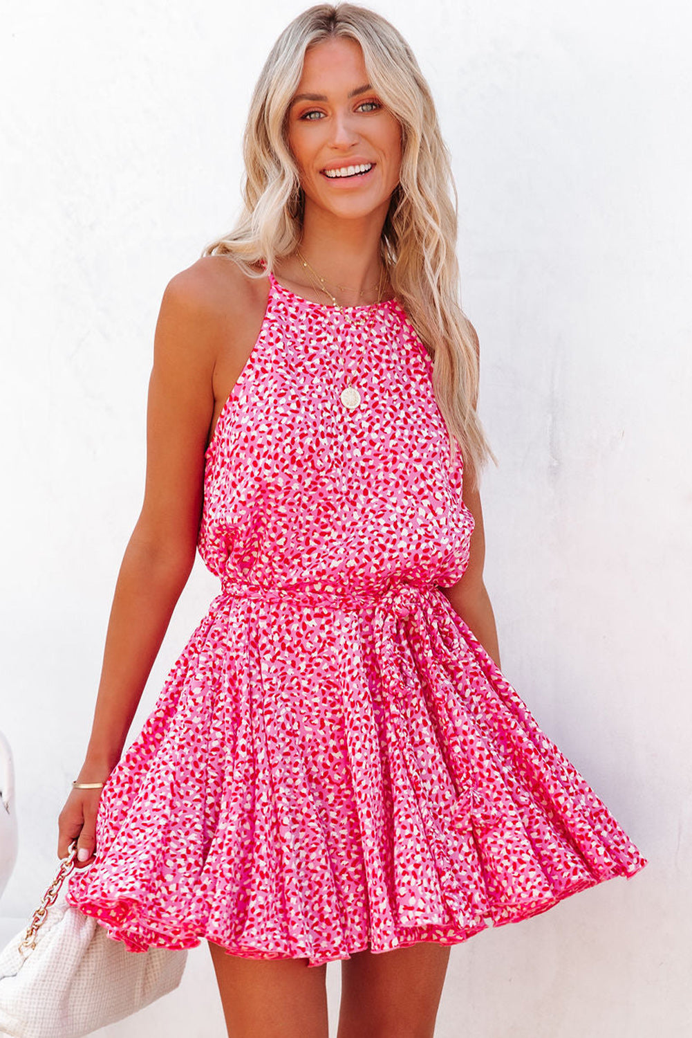 Pink Leopard Print Sleeveless Mini Dress with Waist Tie