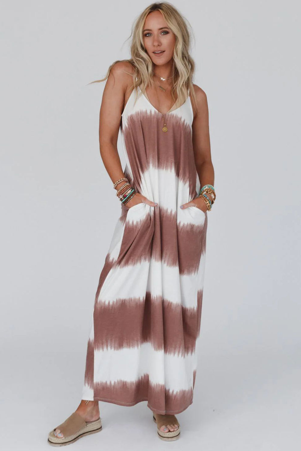 White Stripe Striped Tie Dye Spaghetti Strap Maxi Dress