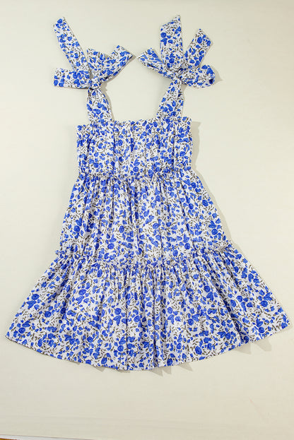 Blue Rose Floral Knotted Straps Tiered Babydoll Dress