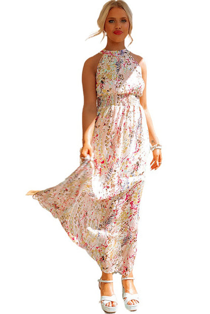 Multicolor Crisscross Backless Long Floral Dress