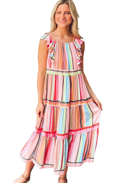 Pink Rainbow Stripe Ruffles Ruched Tiered Dress