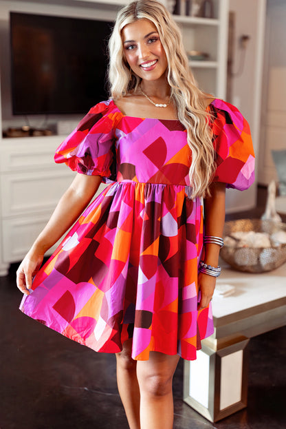 Red Abstract Print Square Neck Puff Sleeve Dress