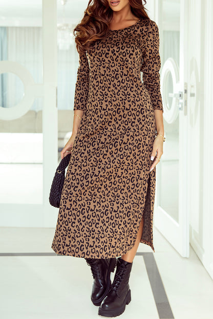 Leopard Round Neck Long Sleeve Split Dress