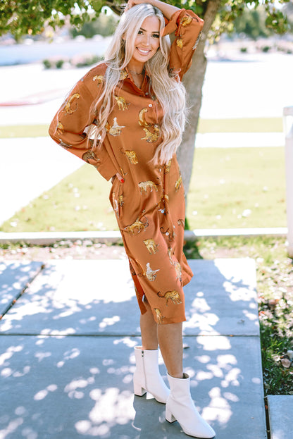 Mustard Cheetah Print Button-Up Split Shirt Dress