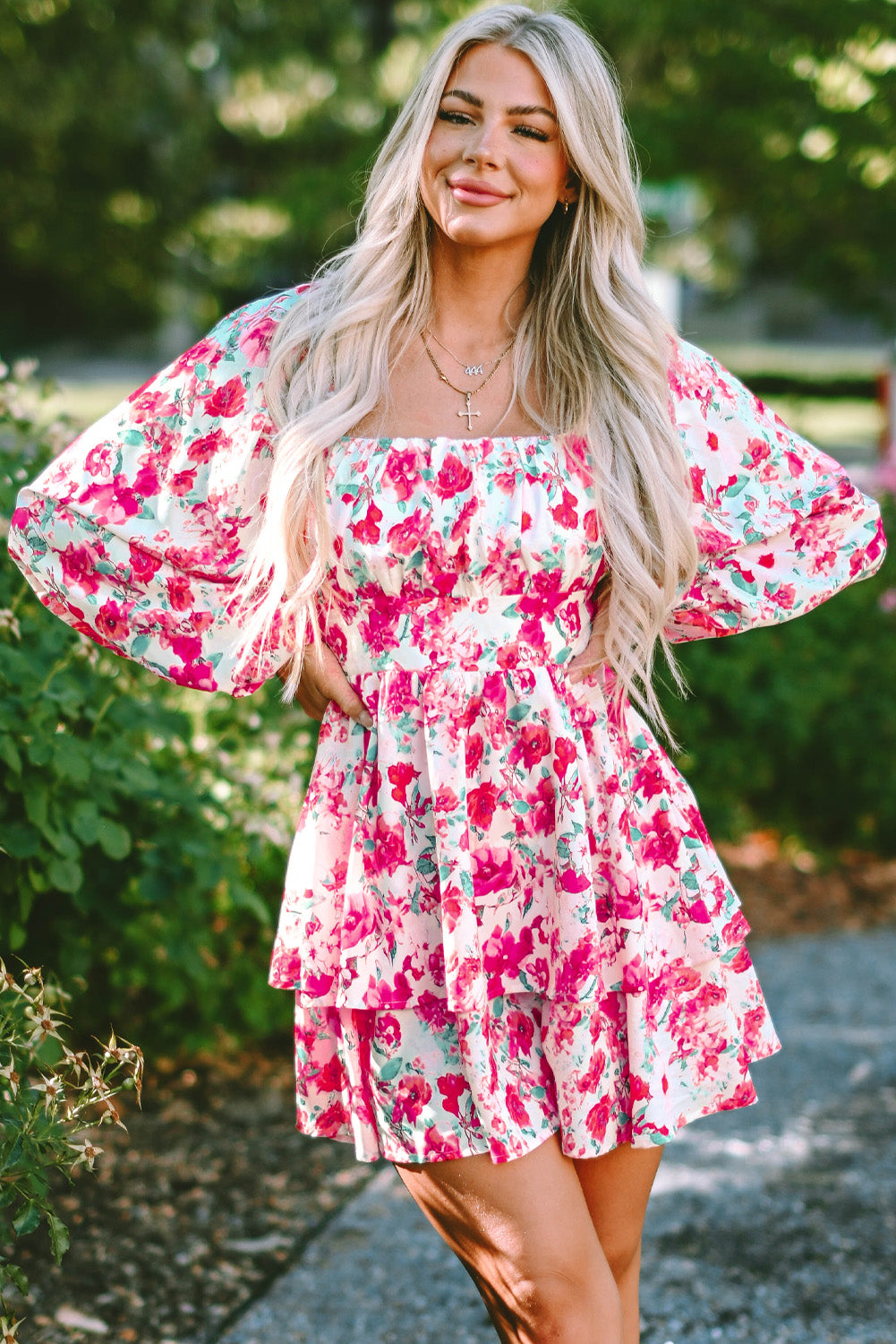 Pink Ruffle Tiered High Waist Puff Sleeve Floral Dress