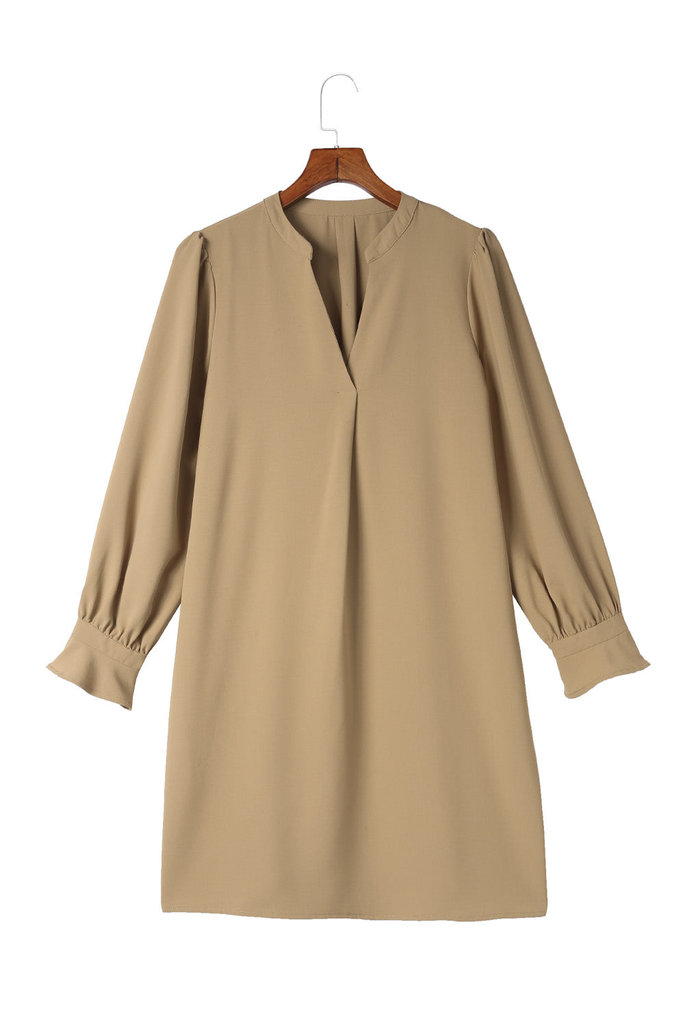 Apricot Split V Neck Ruffled Sleeves Shirt Dress