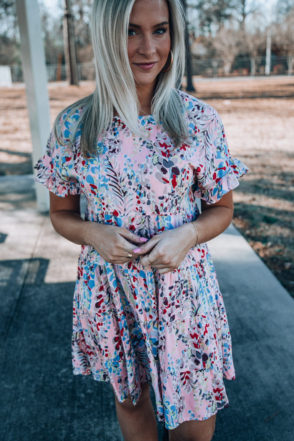 Pink Short Sleeves Floral Print Tiered Ruffled Dress