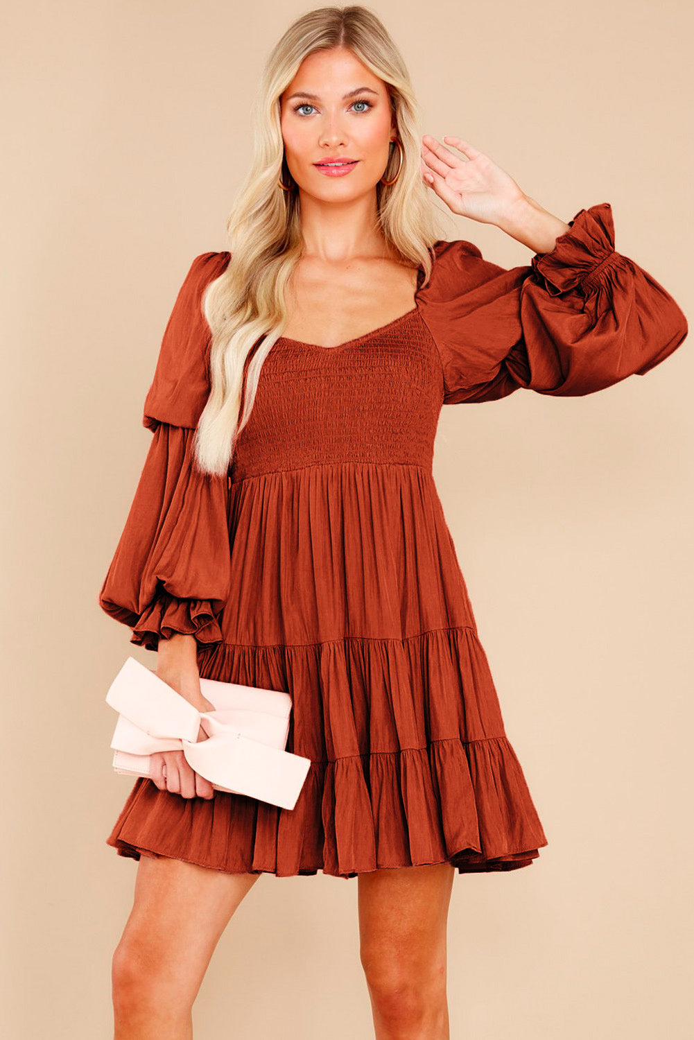 Brown Boho Solid Shirred Ruffle Mini Dress