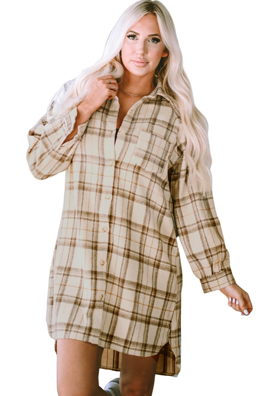 Khaki Western Plaid Button Up Loose Shirt Dress