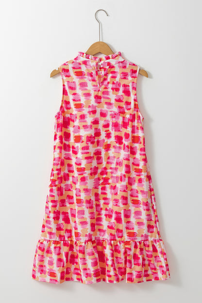 Pink Abstract Print Frilly Neck Sleeveless Mini Dress