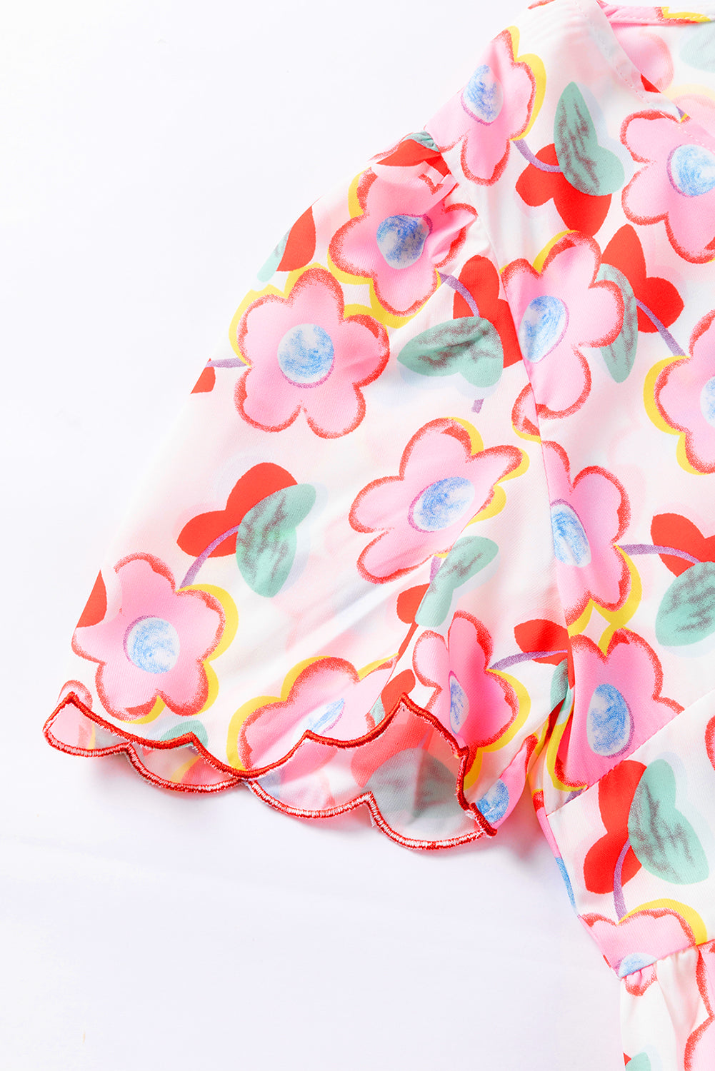 Multicolour Flower Print Scalloped Short Sleeve Ruffled Dress