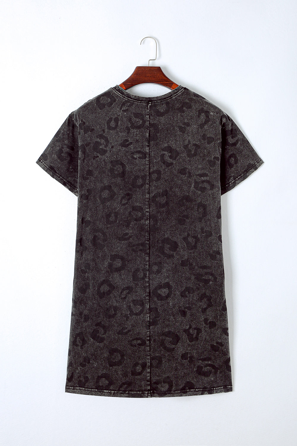 Gray Vintage Washed Leopard T-Shirt Dress with Pockets